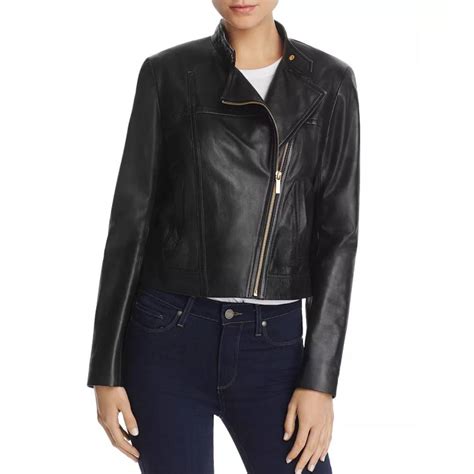 michael michael kors leather moto jacket with faux shearling collar|Michael Kors asymmetrical leather jacket.